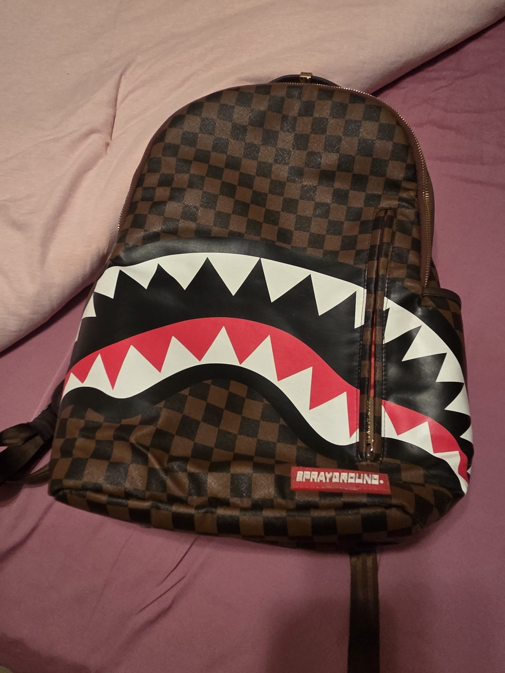 Sprayground Brown Checkerboard Shark Mouth Backpack